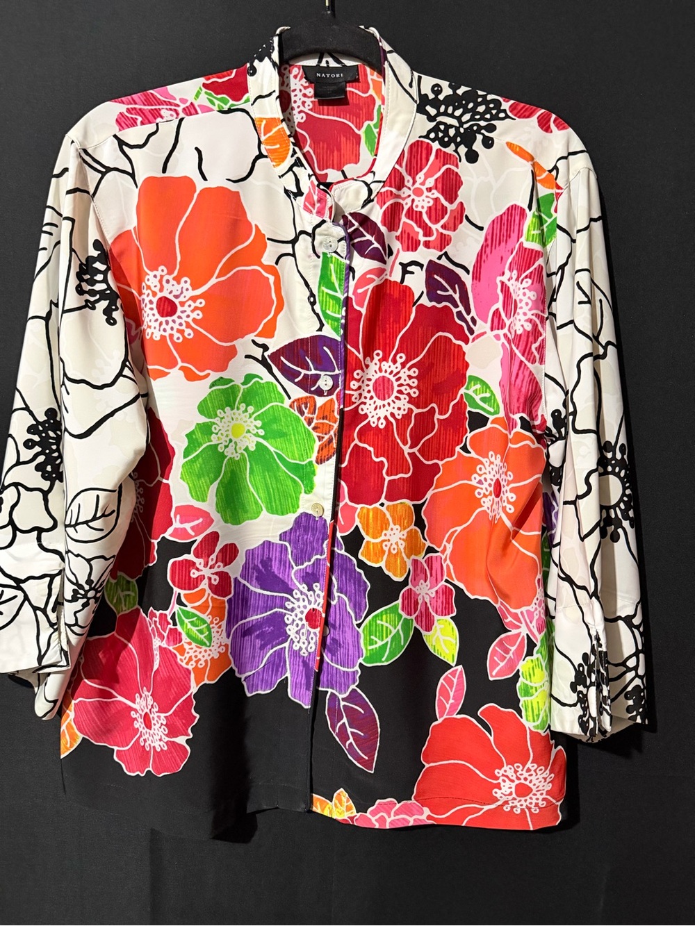 Natori Floral Button-Down Shirt in White, Black, Orange & Pink